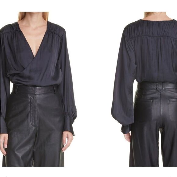 FRAME NWT Crossover V-Neck Balloon Sleeve Satin Top Blouse Black MSRP: 398.00 - Picture 1 of 7